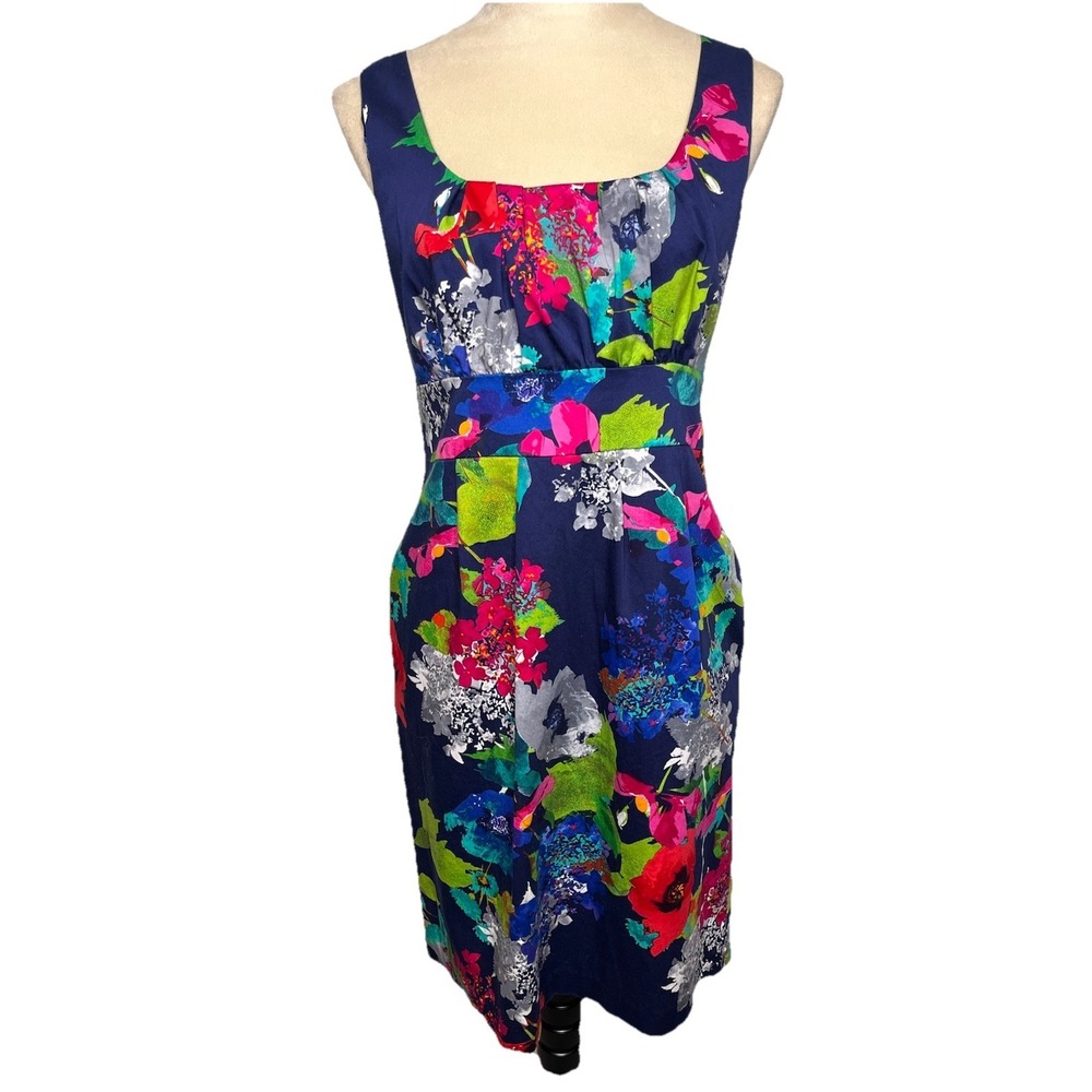 Spense Navy Multicolor Cotton Scoop Neck Sleeveless Knee Length Dress 10 Y2K